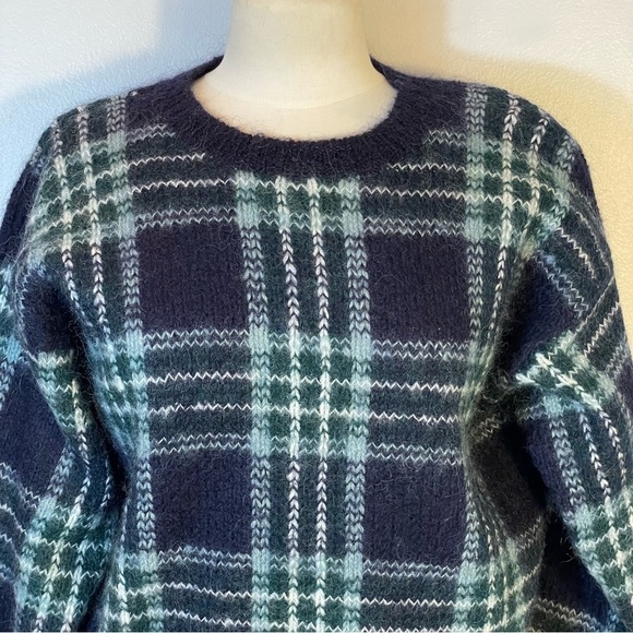 Paul Harris Design Blue Ivory Plaid Wool Mohair Vintage Crew Neck Sweater Sz M - Picture 2 of 10